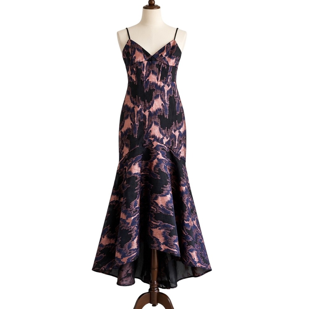 ML Monique Lhuillier Metallic Jacquard High Low Gown Black Pink Size 4